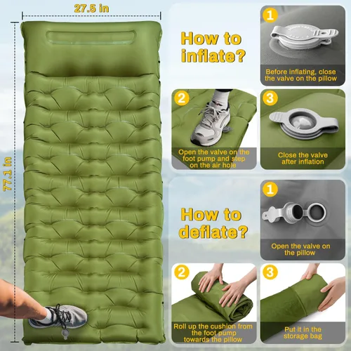 Miniatura 3 de Almohadilla de dormir para camping, extra gruesa de 6 pulgadas, inflable, con almohada, bomba de pie incorporada, almohadilla para dormir para Verde