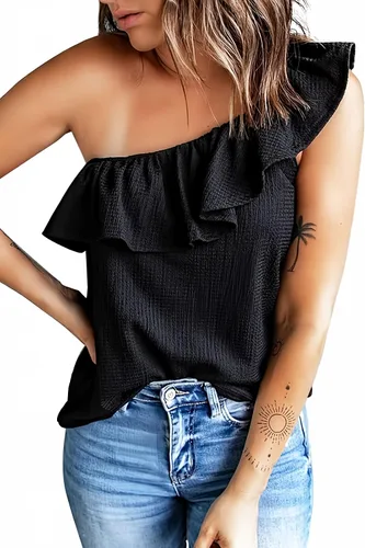 Dokotoo Camiseta sin mangas para mujer, con un hombro descubierto, con volantes, lisas, holgadas