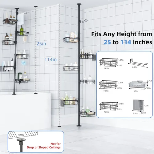 Miniatura 2 de GearFusion Organizador de ducha, poste de tensión, estante de ducha esquinero de 4 niveles a prueba de óxido con altura ajustable de 25 a 114