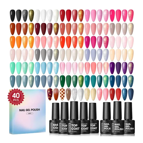 COSCELIA Juego de 40 esmaltes de uñas de gel, 35 colores con 5 capas base superiores, colores de primavera y verano, blanco, nude, azul, verde,
