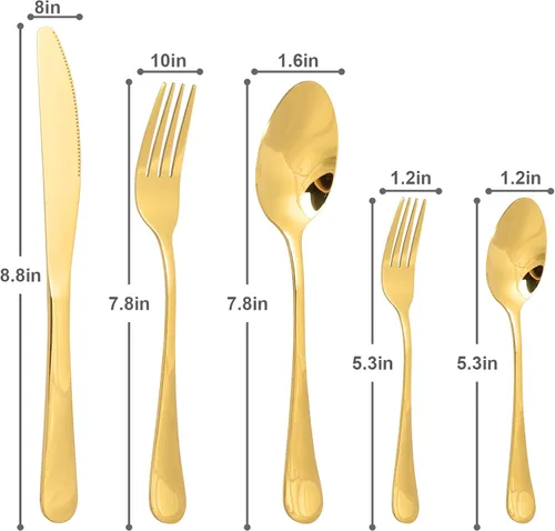 Miniatura 4 de Juego de cubiertos de acero inoxidable, juego de vajilla de 20 piezas, elegante cuchillo, tenedor, cuchara, cubiertos, servicio para 4 (dorado)