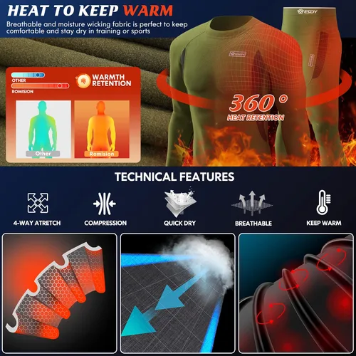 Miniatura 2 de romision Ropa interior térmica para hombre, conjunto de pantalones largos con forro polar, equipo de caza de invierno, capa base cálida, camiseta