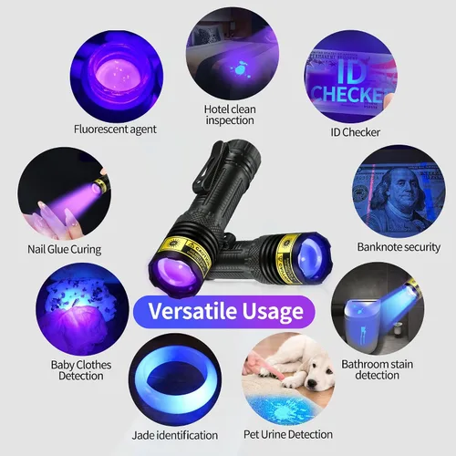 Miniatura 6 de DARKDAWN Linterna UV de 365 y 395 nm, luz negra, mini USB, recargable, LED ultravioleta blacklight, lámpara Woods, detector portátil fluorescente