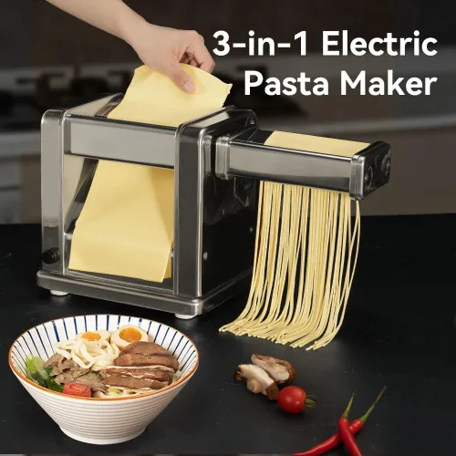 Miniatura 5 de Máquina Eléctrica para Hacer Pasta de Acero Inoxidable con Rodillo y Cortador Ajustable 7 Grosores y 2 Anchos para Espaguetis, Fettuccini, Lasaña