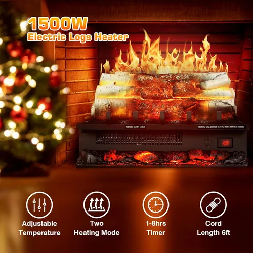 Miniatura 7 de Xbeauty Juego de troncos de chimenea eléctrica con temporizador de 8 horas y efectos de sonido, calentador independiente de 21 pulgadas, control