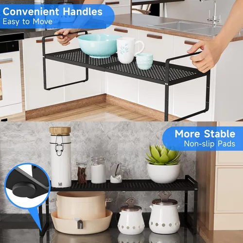 Miniatura 6 de Organizador de estantes expandibles para gabinete, organizador de estante pequeño de cocina para encimera, despensa, estante de especias de Negro