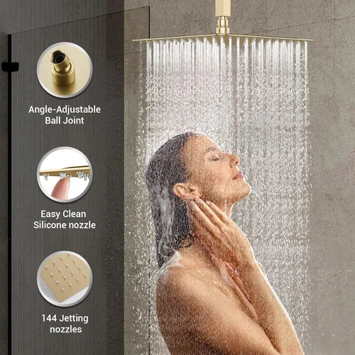Miniatura 4 de Sistema de ducha dorado cepillado con 4 chorros de ducha y cabezal de ducha de techo de 12 pulgadas y rociador de mano, sistema de grifo de ducha