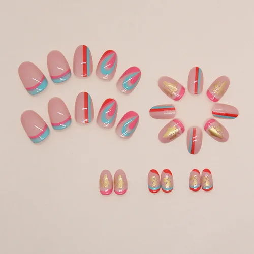 Miniatura 2 de Uñas postizas cortas a presión con diseño de almendra SWEKKE de verano, uñas postizas de color rosa de cobertura completa con diseños de remolinos