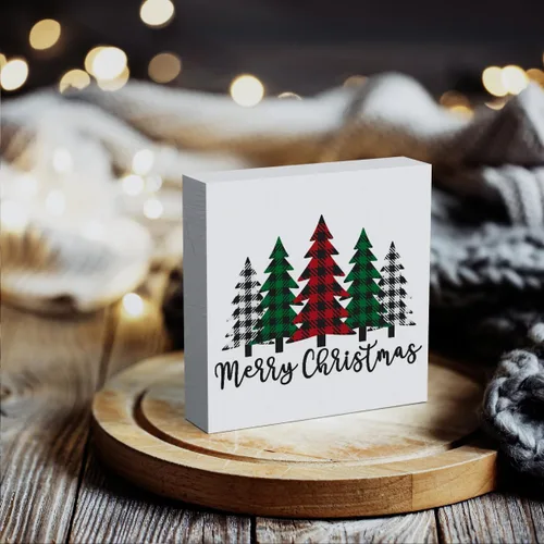Miniatura 6 de Cartel de madera con diseño de árboles de Navidad divertidos, caja de madera con texto en inglés «Merry Christmas», arte rústico, estante