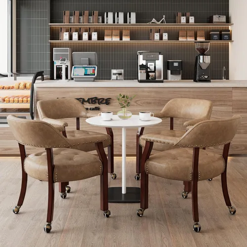 Miniatura 33 de Juego de 8 sillas de cuero de comedor con ruedas y brazos, silla de capitán Accent con ruedas, sillas de madera con ruedas enrollables para cocina