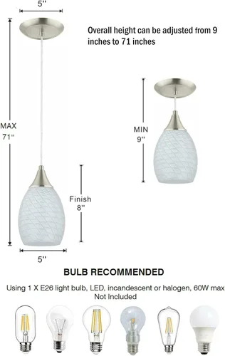 Miniatura 7 de Glassland Lámpara colgante, 1 luz de iluminación de cocina en níquel cepillado con vidrio blanco, certificación ETL