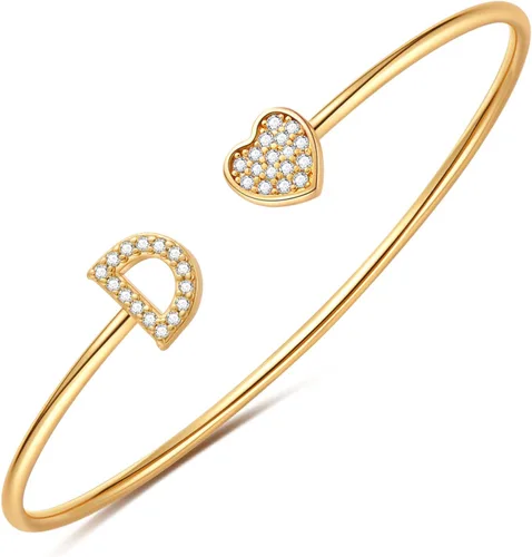 Gold Initial Bracelets for Women Girls, 14K Gold Plated Gold Bangle Bracelets for Women Girls Dainty Gold Initial Bracelets Heart Bracelets for