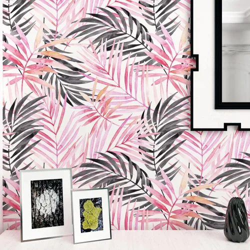 Miniatura 4 de Papel tapiz de hojas bohemias para despegar y pegar, papel de contacto extraíble de palmera rosa y negra para armarios, papel tapiz floral tropical