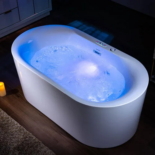 WOODBRIDGE 59" x 151 cm Bañera independiente de hidromasaje con chorros de agua y burbujas de aire, con panel de control LED, BJ100, Blanca