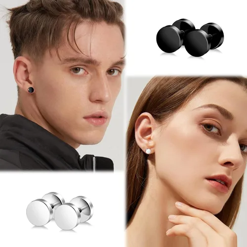 Miniatura 4 de ONESING 12 pares de aretes falsos de calibre para hombres, acero inoxidable, aretes de aro para hombres, aretes redondos, con calibres falsos