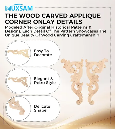Miniatura 3 de MUXSAM Apliques tallados en madera, 1 par de pequeñas tallas de madera sin pintar, placas decorativas de esquina para espejos, paredes, puertas