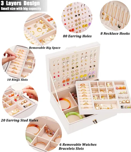 Miniatura 3 de QBestry Organizador de aretes para niñas, caja de joyería blanca para aretes, collares, organizador de joyas, tachuelas, caja de aretes para mujer