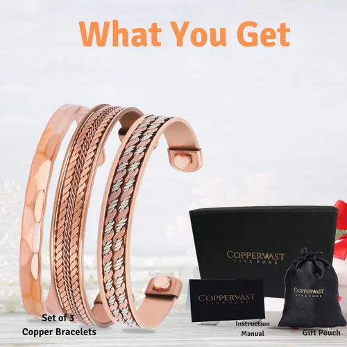 Miniatura 13 de Pulseras de cobre para hombres y mujeres Juego de 3 con caja de regalo Hecho a mano 100% cobre Regalo para mujeres y hombres