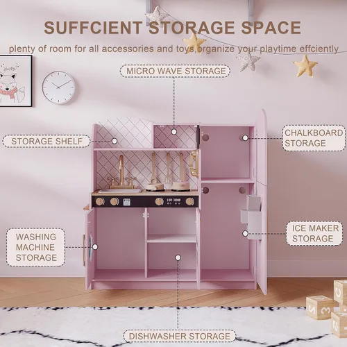 Miniatura 3 de Treocho Juego de cocina para niños, juego de cocina de madera para niños pequeños con almacenamiento, cocina de juguete de diseño moderno con grifo