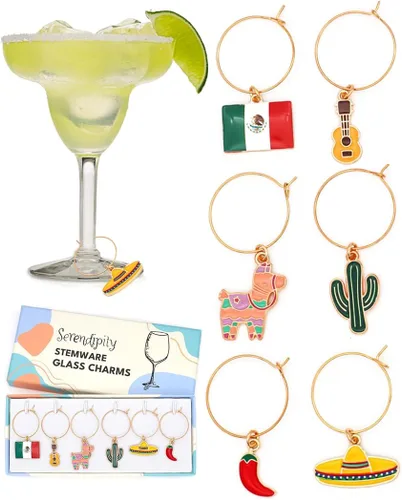 Miniatura 4 de Amuletos de copa de vino de México, idea de regalo mexicana, decoración de fiesta, juego de 6 amuletos incluye: piñata, bandera mexicana, pimiento