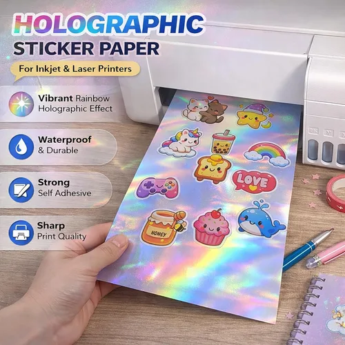 Miniatura 3 de 20 hojas de papel adhesivo holográfico de 8.5 x 11 pulgadas, imprimibles impermeables, hojas de vinilo arcoíris para impresora de inyección de tinta