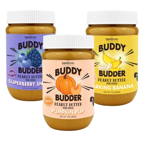 Bark Bistro Company, Superberry Snoot + Barkin Banana + Pumpkin Pup, mantequilla de maní 100% natural para perros, golosinas saludables para perros,
