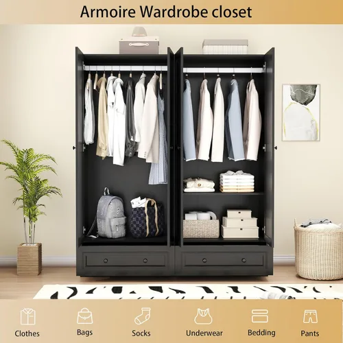 Miniatura 5 de Armario Armario con cajón: Armario de dormitorio para colgar ropa, armario de madera para ropa con puertas, Armario con estantes (negro, 63 pulgadas)