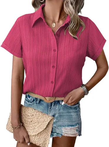Miniatura 6 de HOTOUCH Camisa de vestir de manga corta con botones para mujer, cuello en V, con botones, para verano, con textura, para el trabajo