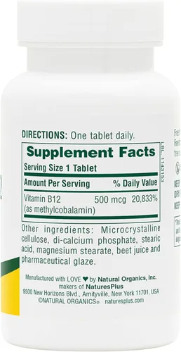 Miniatura 3 de NaturesPlus Vitamina B12 500 mcg - 90 tabletas - Apoyo energético y de salud inmunológica - Sin gluten, vegetariano - 90 porciones