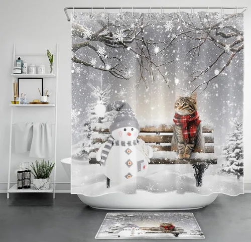Miniatura 53 de LB Cortina de ducha de otoño para baño, divertido gato negro con fantasma en la bañera en el bosque de otoño, cortina de ducha de tela de cosecha