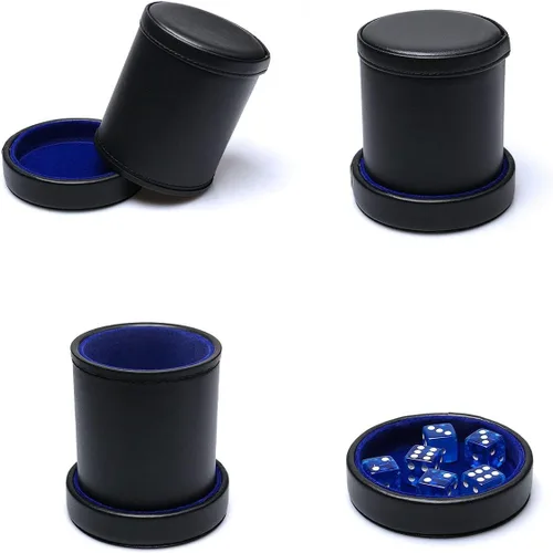 Miniatura 3 de Taza de dados de piel sintética con tapa, vaso de terciopelo azul para interiores silenciosos, incluye 6 dados azules translúcidos