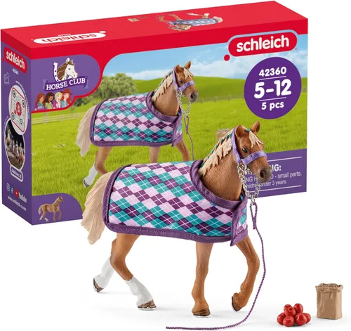 Miniatura 5 de Schleich Horse Club, juego de 4 piezas, juguetes de caballos para niñas y niños de 5 a 12 años de edad, pura sangre inglesa con manta
