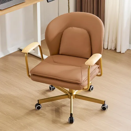Miniatura 3 de Furniliving Sillas de oficina de cuero, silla de oficina dorada, silla giratoria ajustable para computadora con patas doradas y reposabrazos Marrón