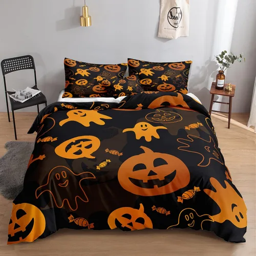 Miniatura 15 de Juego de funda de edredón de calabaza para Halloween, divertido diseño de calabaza malvada, color negro, juego de ropa de cama Tiwn 1 funda