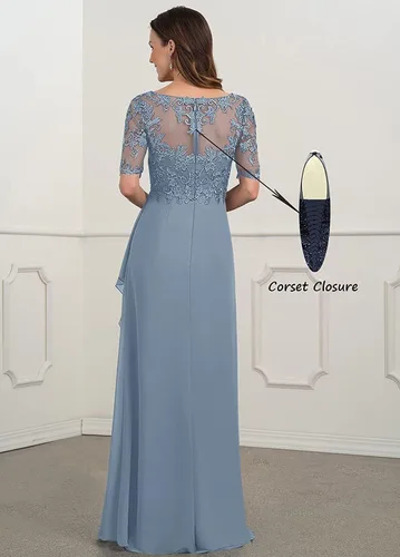 Miniatura 2 de Women's V-Neck Chiffon Mother of The Bride Dresses Lace Long Ruffle Prom Dress with Half Sleeve Formal Evening Party Gowns