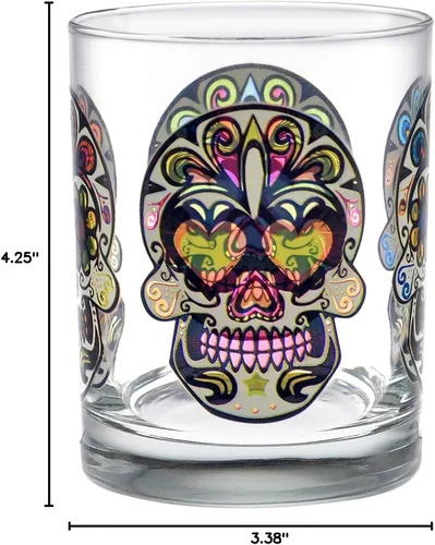 Miniatura 4 de Culver Festive Sugar Skulls - Vasos dobles decorados a la antigua, 13.5 onzas, en caja de regalo, juego de 2 unidades (transparente)