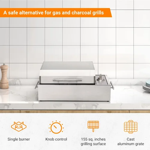 Miniatura 3 de Kenyon B70200 City Grill, parrilla portátil, acero inoxidable, quemador único, control de perilla, tapa facetada, aprobado por UL