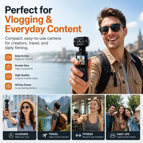 Miniatura 2 de Acuvar Mini cámara de bolsillo 4K con pantalla LCD, cámara de video portátil con WiFi, seguimiento facial, rotación de 270°, tarjeta SD de 64 GB