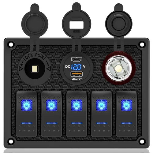 Miniatura 24 de Panel de Interruptores de Palanca Impermeable de 8 Posiciones con Cargador USB Dual y Voltímetro - Protección contra Sobrecarga para RV, Marina