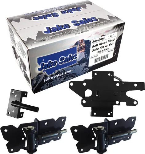 Kit de herrajes para puerta de valla de vinilo de cierre automático, negro, puerta única, incluye 2 bisagras, 1 pestillo con cerradura con tornillos