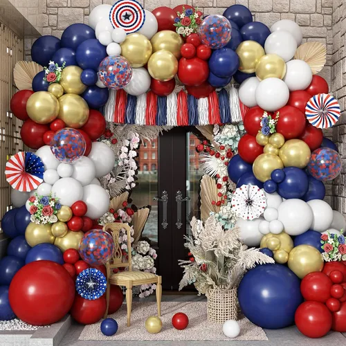 Kit de arco de globos rojos, blancos y azules, guirnalda de globos dorados metálicos con globos de confeti para graduación, béisbol, patriótico,