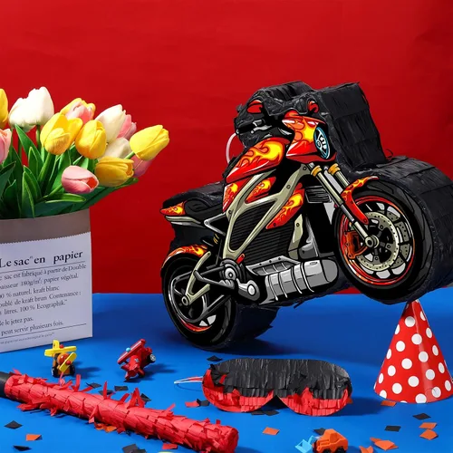 Miniatura 3 de Shappy Piñata de motocicleta 3D Dirt Bike Piñata con palo para los ojos vendados, decoración de cumpleaños de motocicleta roja, decoración de fiesta