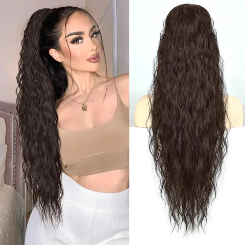 Miniatura 9 de Extensión de cola de caballo rubio con cordón para mujer, larga y rizada de 26 pulgadas, extensiones de cabello sintético natural, extensiones