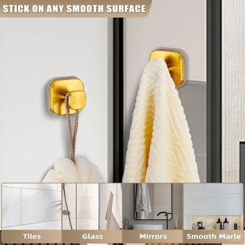 Miniatura 3 de Ganchos de ventosa para ducha, ganchos de baño reutilizables para toallas, batas y lufa, montaje sin taladro en cocina, paredes, metal, vidrio, Oro