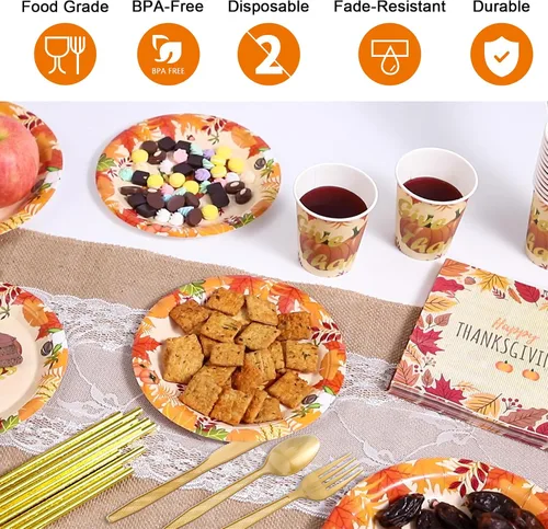 Miniatura 4 de 192 platos desechables para fiesta de Acción de Gracias, 24 platos de papel, tazas, popotes, servilletas, cuchillos, tenedores y cucharas