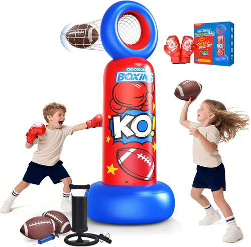 ODOSOLA Saco de boxeo inflable para niños, bolsa de boxeo independiente 2 en 1 con juego de lanzamiento de fútbol, juguete de karate taekwondo