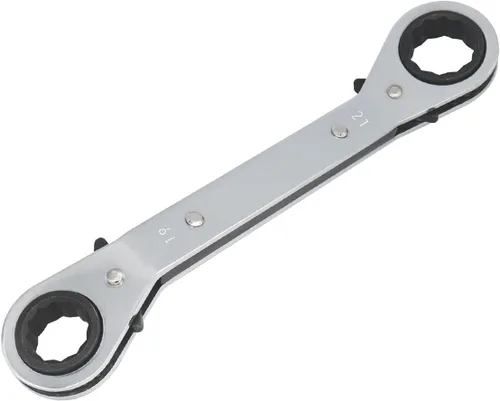Llave de trinquete universal reversible de 0.748 x 0.827 in, extremo de caja métrica de doble desplazamiento, acero Cr-V chapado en cromo mate,
