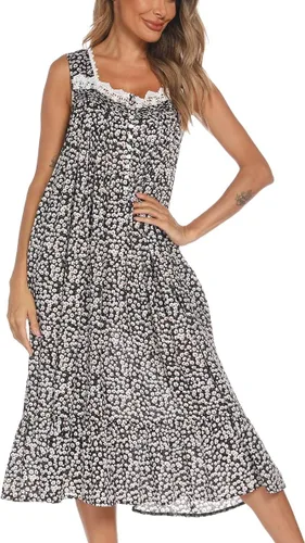 Miniatura 2 de AVIIER Camisones de algodón para mujer, sin mangas, vestido de casa largo con bolsillos, S-XXL