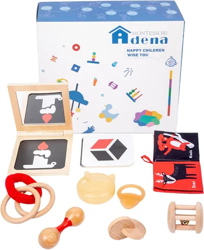 Adena Montessori Kit de juego para bebés de 3 a 4 meses, juguetes educativos de aprendizaje de madera 8 en 1 para niños pequeños, incluye libro de