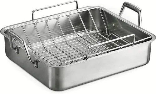 Tramontina Bandeja de Asar Profunda de Acero Inoxidable de 16.5 Pulgadas con Parrilla para Rociar y Rejilla en V, Asador de Pavo para Horno, Apto